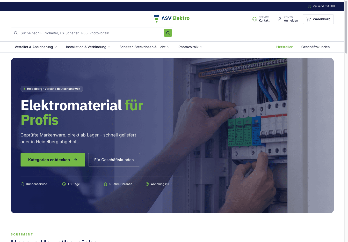 Screenshot der ASV Elektro Website mit Hero, Kategorien und Shop-orientiertem Einstieg