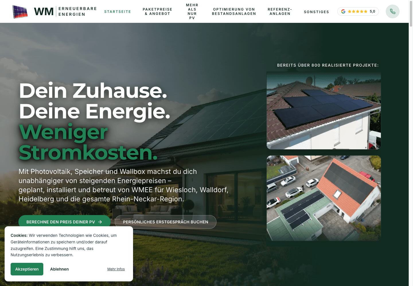 Screenshot der WMEE Website mit Photovoltaik-Hero, Beratungs-CTA und Leistungsstruktur